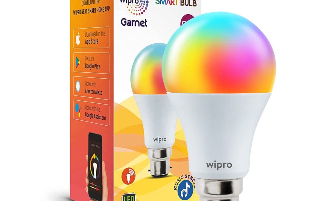 Wipro 9W B22D WiFi LED Smart Bulb with Music Sync Function, Compatible with Amazon Alexa and Google Assistant (16M Colours, Warm White/Neutral White/White + Dimmable) Pack of 1